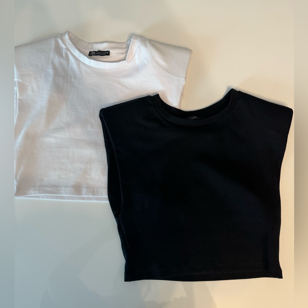 Two! Black and white NWOT Zara Muscle/ shoulder pad Crop tee’s